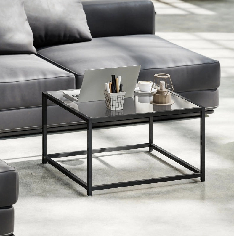 Tavolino da caff¨¨ quadrato 68x68x39 cm con vetro temperato e acciaio nero