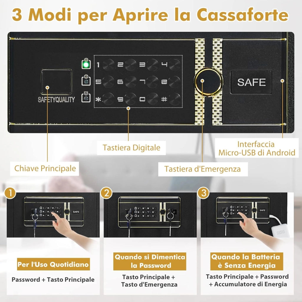 Cassaforte Elettronica, Cassetta di Sicurezza con Tastierino Numerico Digitale, con 2 Chiavi, 2 Chiavi di Emergenza, Ripiano Rimovibile e Sistema di Allarme, 36 x 31 x 41 cm