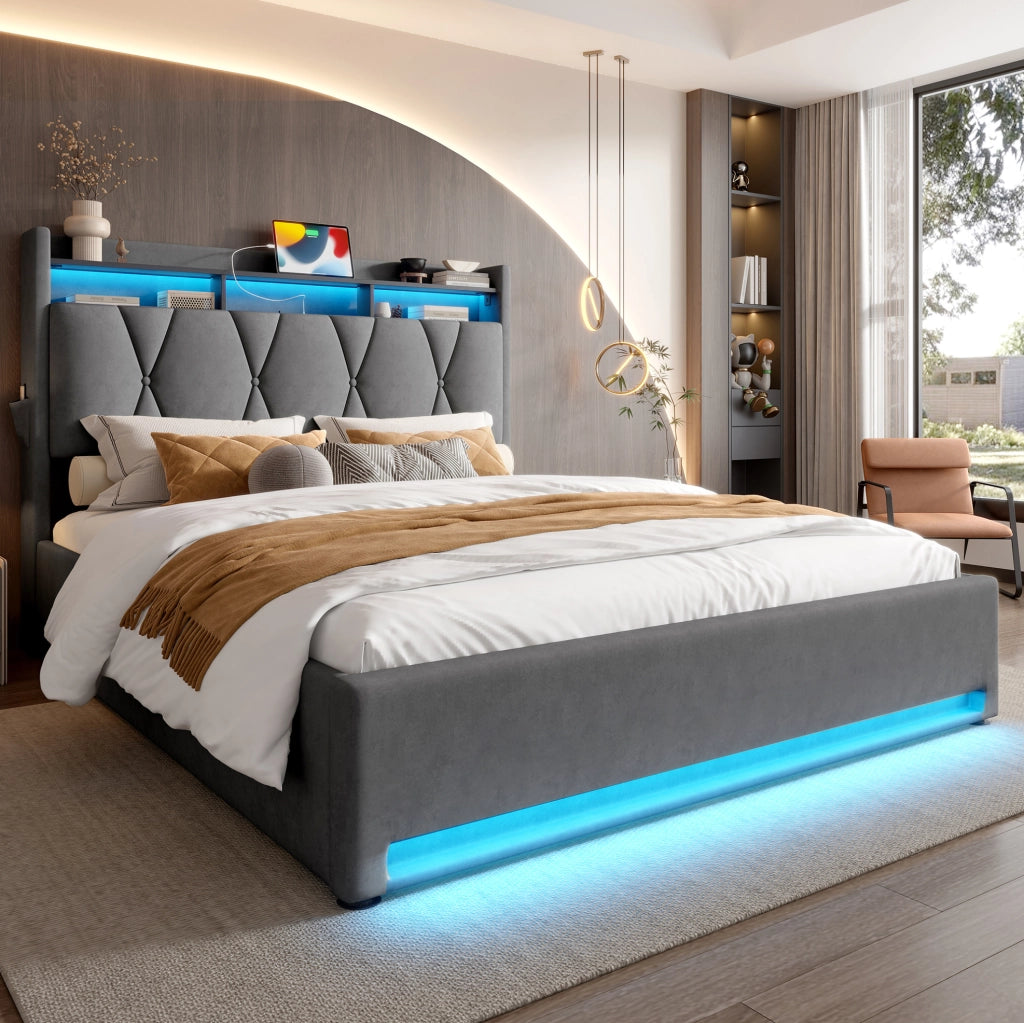 Letto imbottito 140x200 cm con LED, USB-C e vano contenitore