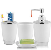Set accessori da bagno 4 pezzi - in plastica - tenuta per spazzola da denti - dispensatore di sapone - contenitore di sapone - bacinella - Dimensioni: 17x7,5 cm