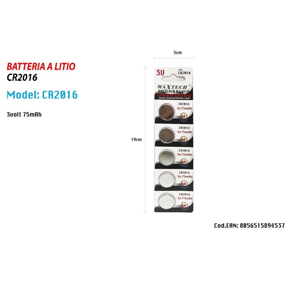 Trade Shop - 5 Batterie Pile Cr2016 3v 75mah Batteria A Bottone Per Orologi Telecomandi Maxtech -