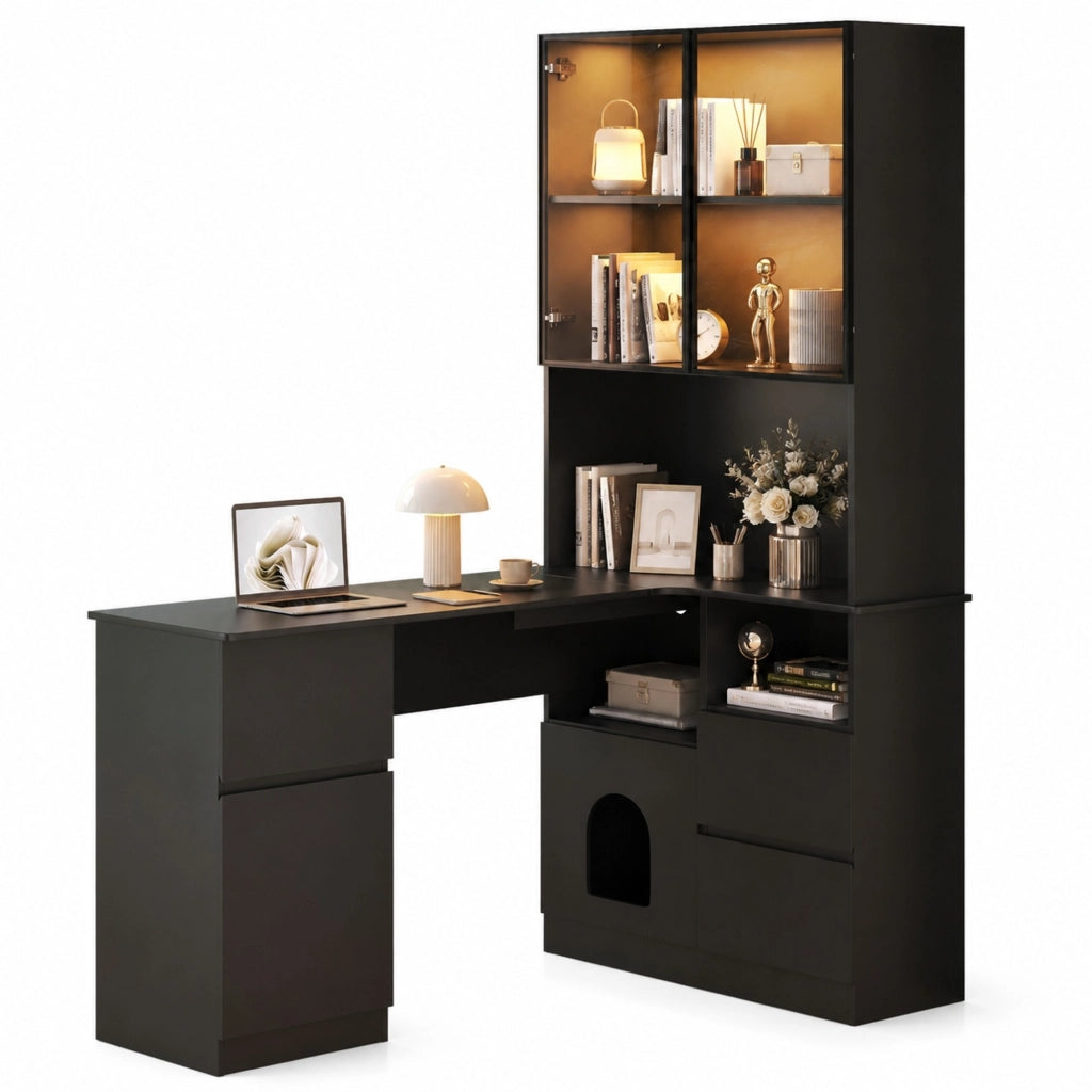 Scrivania angolare con 3 cassetti; 2 ante; LED e vano cavi - per studio - 120×80×180 cm - nero