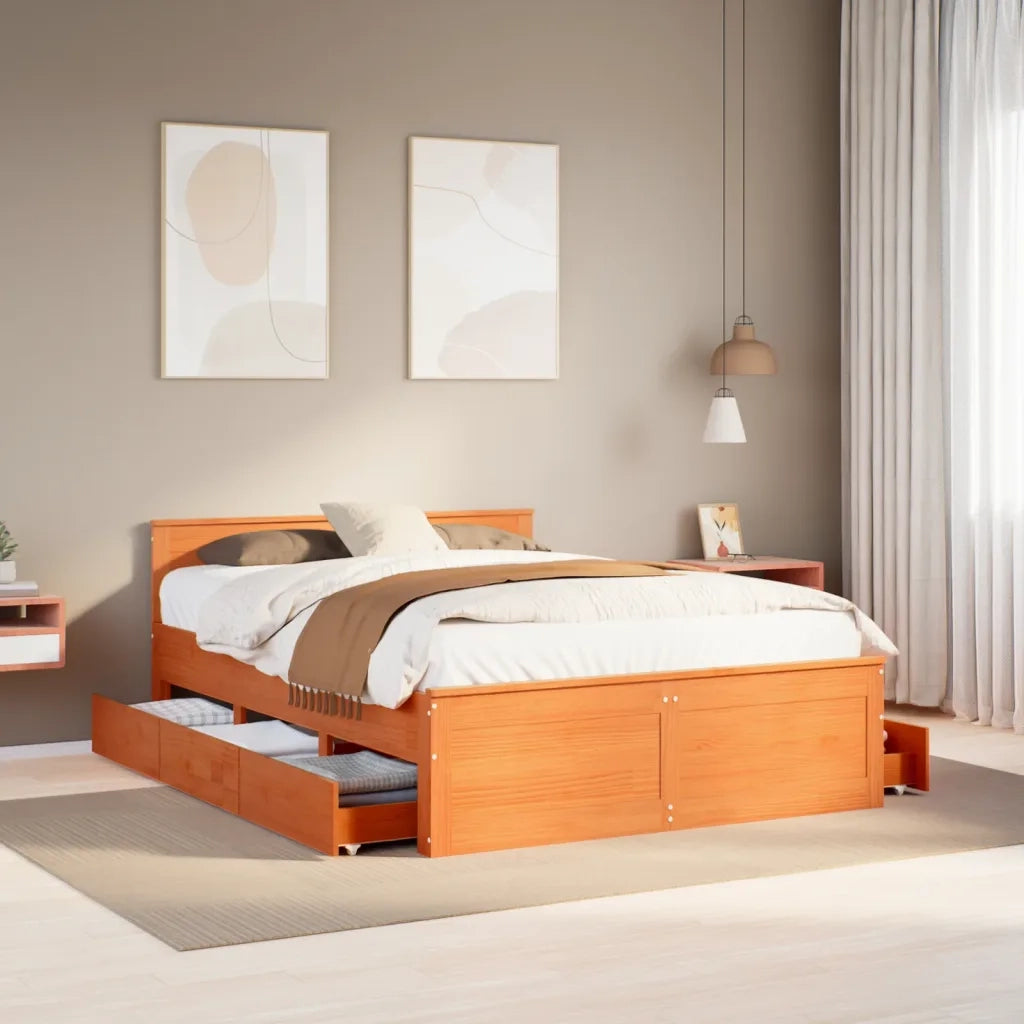 Letto matrimoniale | Letto per adulti | Giroletto senza Materasso con Testata Marrone Cera 140x200 Pino