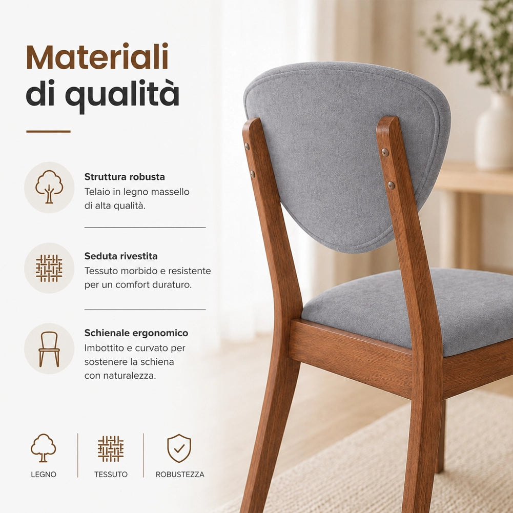 Set 2 Sedie da Pranzo in Legno Scuro Rivestimento in Tessuto Grigio 52x47x84 cm