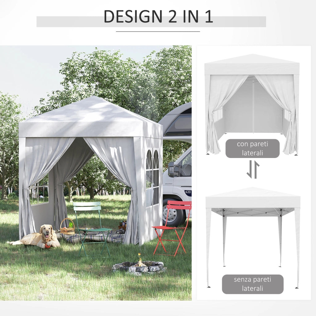 Gazebo da Giardino Pieghevole 2x2m con 4 Pareti Rimovibili in Poliestere e Acciaio Bianco
