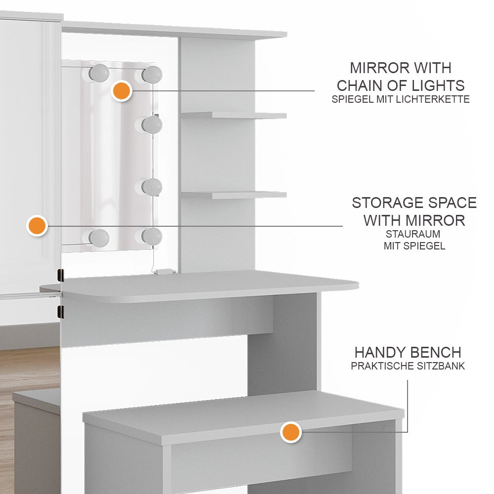 Vicco Tavolo da toilette Bianco 123 cm con illuminazione a LED e panca