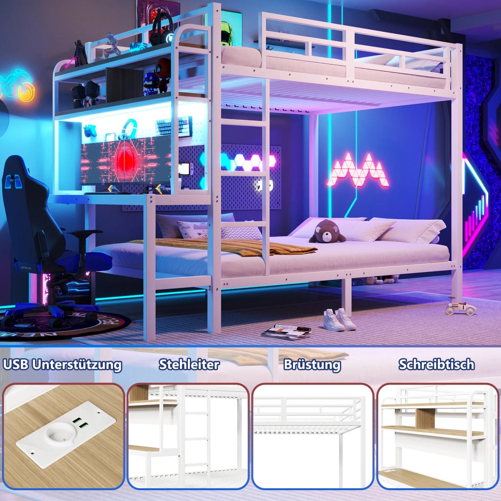 OKWISH Letto a Castello 140×200 cm, Letto Matrimoniale con Scrivania, LED Regolabile, USB, Ripiani e Scala, senza Materasso, Bianco