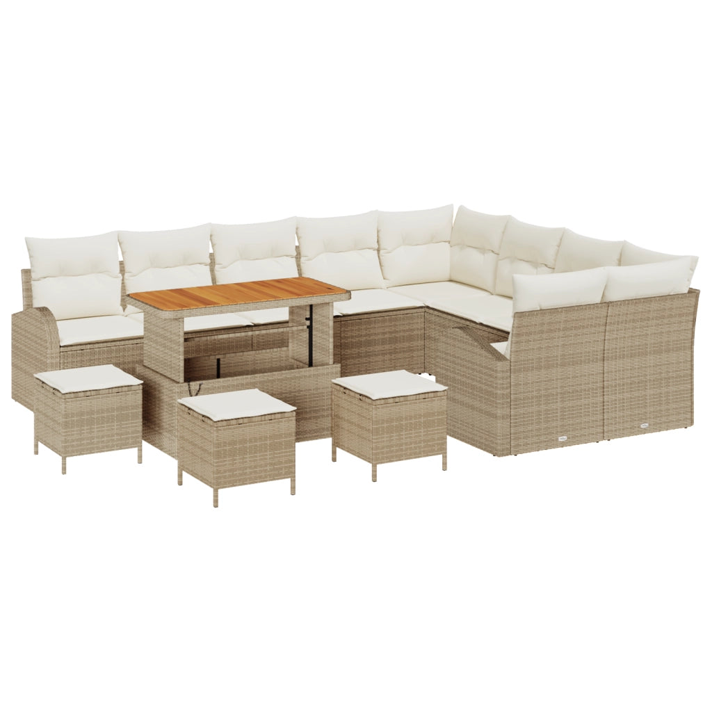 Set Divano da Giardino da 13 Pezzi con Cuscini Beige Polirattan Acacia