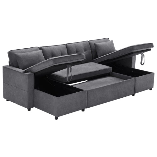 Divano letto a U - Xylo - Tessuto cotone lino grigio, porta bicchieri, 2 spazi di archiviazione