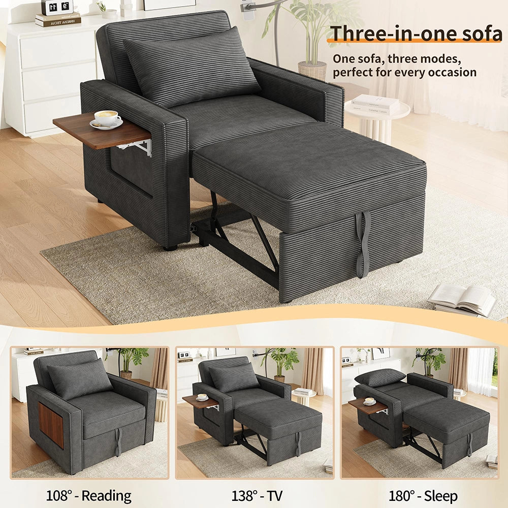 Divano letto pieghevole - Xylo - Con USB, 1 posto, velluto, grigio