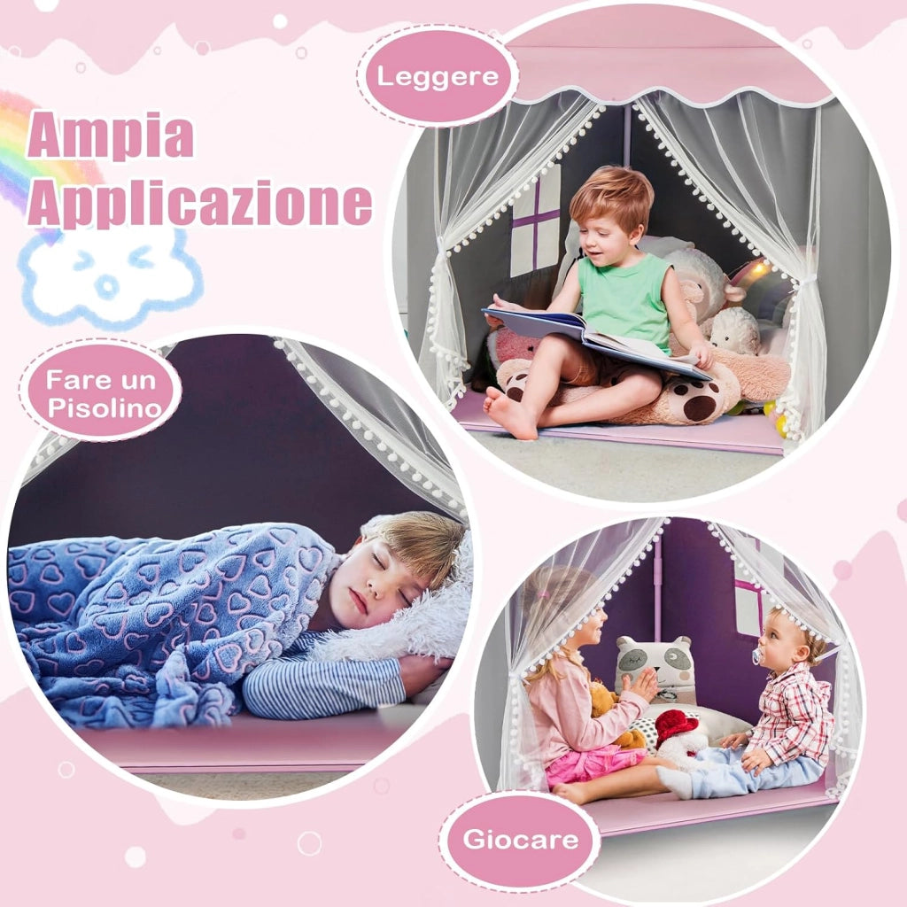 Tenda da Gioco per Bambini, Tenda Castello con Tappetino Lavabile, Luci a Forma di Stella, per Interno ed Esterno, 105 x 121 x 136 cm (Stile 2 Rosa)