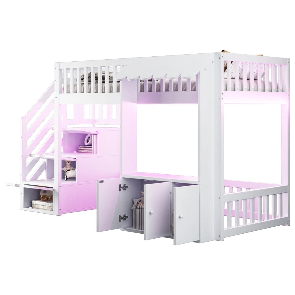 Letto a Soppalco Singolo con Armadio, Scala, LED e Rete a Doghe ¨C Xylo ¨C Bianco 90x200
