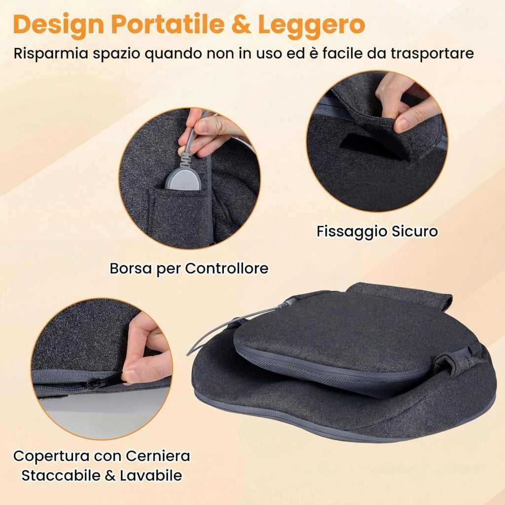 Massaggiatore con Riscaldamento, Cuscino Sedile Pieghevole con Massaggio Shiatsu per Lombare e Fianchi con Impastamento, Compressione ad Aria a 3 Livelli e Vibrazione