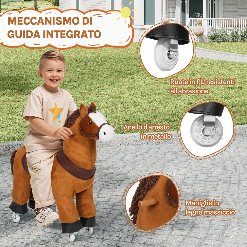 Cavallo a Dondolo su Ruote per Bambini, Cavalluccio Cavalcabile in Peluche con Suoni, per Interni ed Esterni, Giocattolo da 4 Anni, Struttura in Legno e Metallo, Marrone