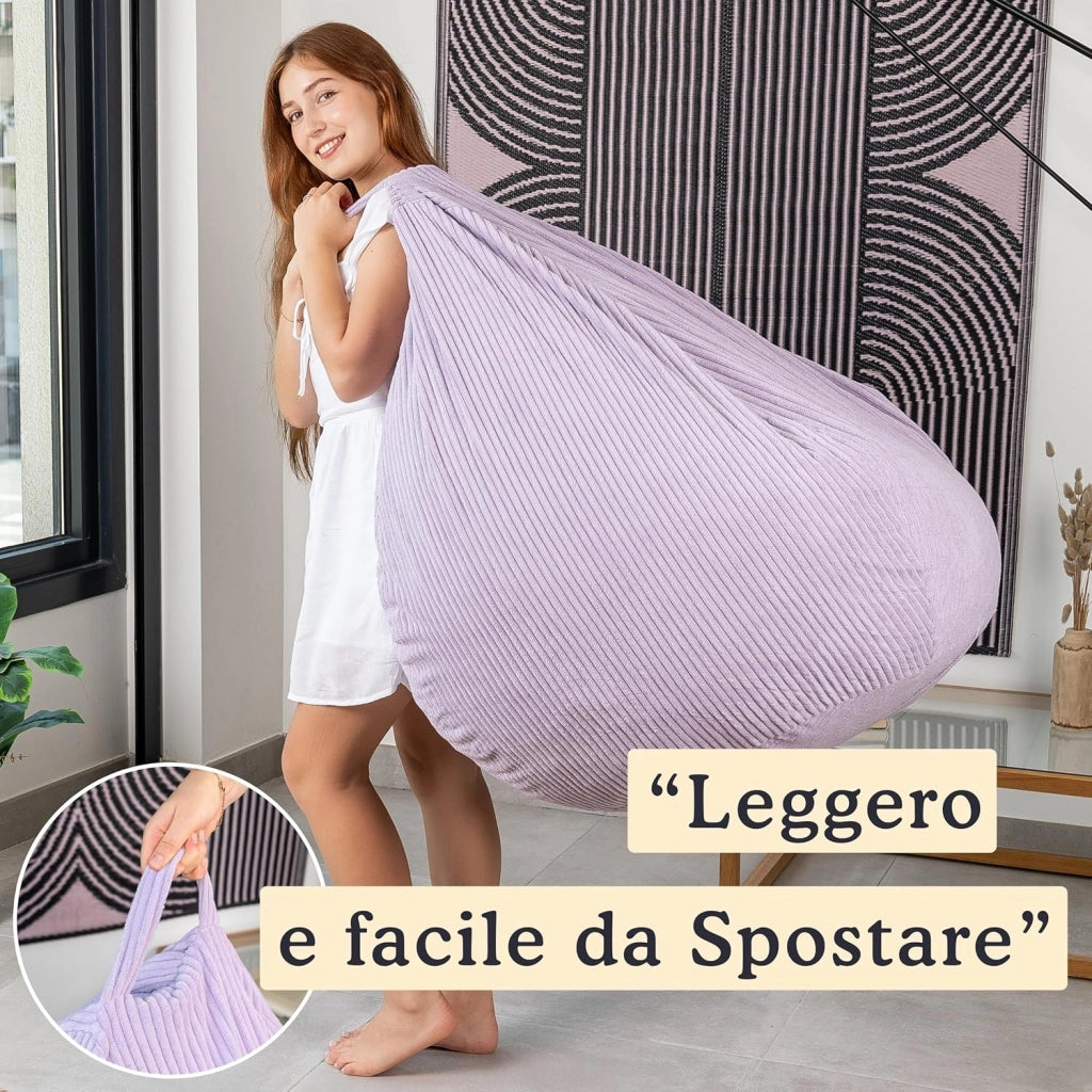 Pouf Poltrona Sacco in Velluto a Coste Larghe - Imbottitura in Schiuma, Morbido - Fodera Lavabile - Facile da Trasportare, Per Bambini (80x70 cm, Viola di Parma)