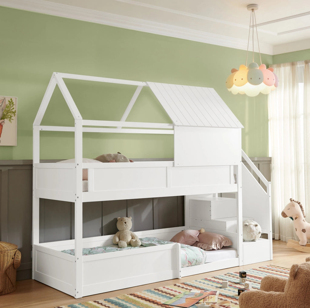 Letto a castello in legno massiccio per due persone; con scala laterale e tetto; bianco