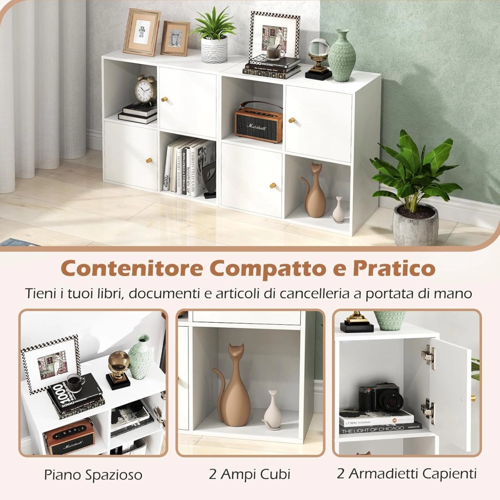 Libreria a 4 Cubi, Scaffale a 3 Piani con Doppio Kit Anti-Ribaltamento e 2 Armadietti, Organizzatore da Terra in Legno per Ufficio, Soggiorno e Camera da Letto, 60 x 29 x 60 cm