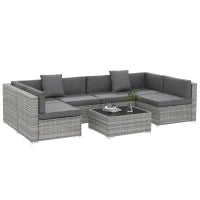 Set Salotto da Giardino da 7 Pezzi Modulari, Tavolino con Piano in Vetro Temperato, Cuscini Sfoderabili Inclusi, Grigio