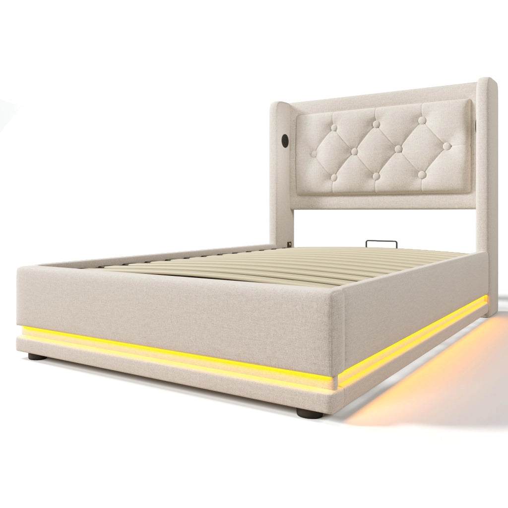 Letto Singolo 90x200 con Contenitore Idraulico e Materasso a Molle; Testiera con USB e LED; Cotone Beige