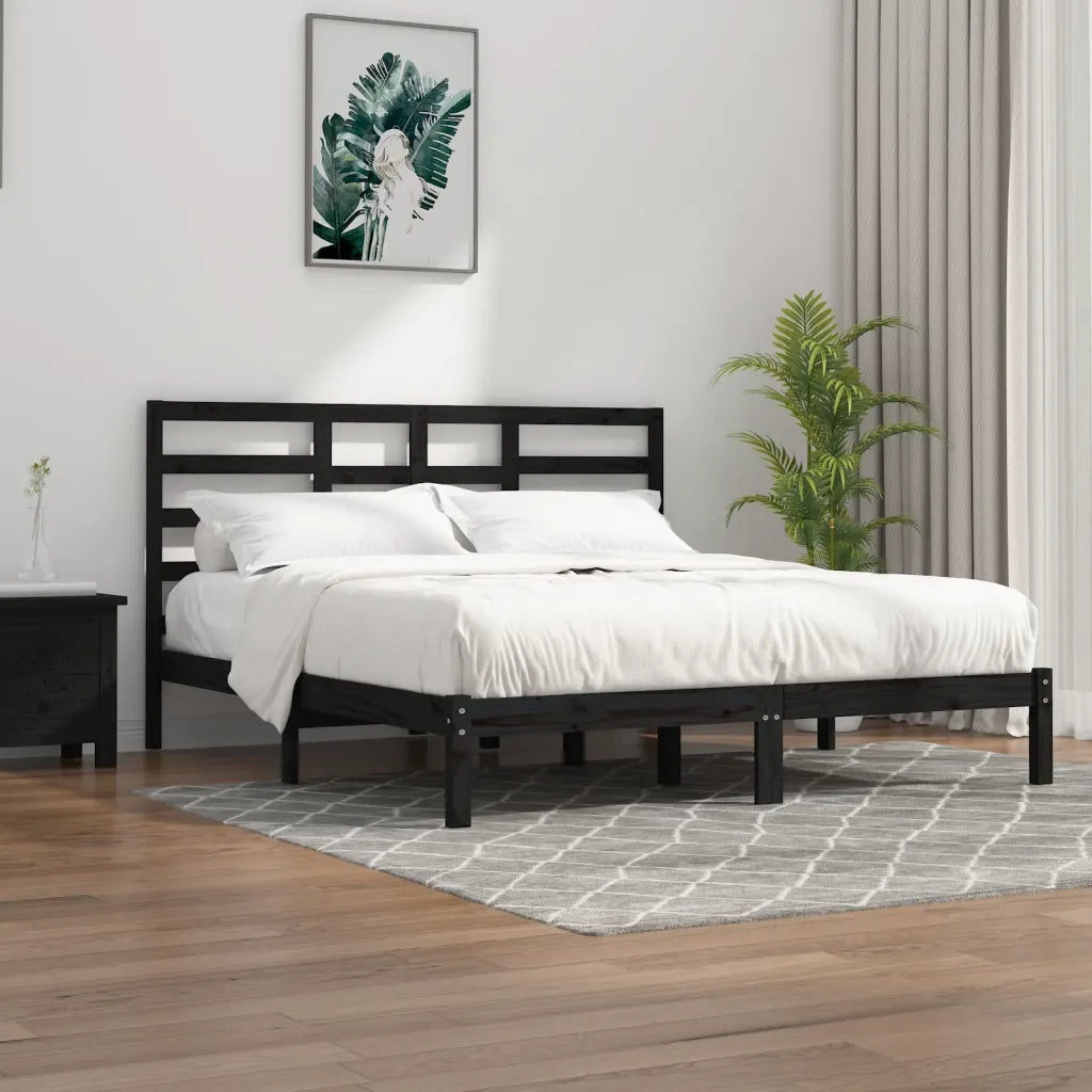 Letto matrimoniale | Letto per adulti | Giroletto Nero in Legno Massello 200x200 cm