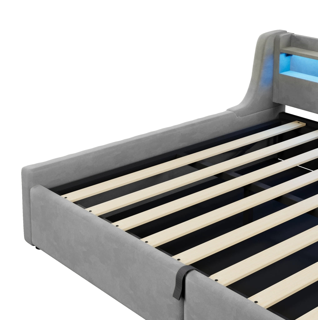 Letto imbottito 140x200 cm con contenitore idraulico e testiera LED grigio