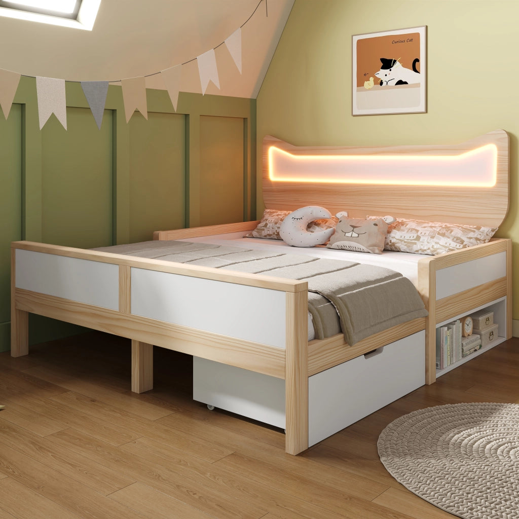 Letto Singolo con Testiera a Orecchie di Gatto, LED RGB e Cassetto ¨C MINIMAL ¨C Bianco/Rovere 140x200