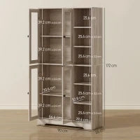 Credenza Cucina Alta con Vetrina a 4 Ante, Chiusura Soft e 6 Ripiani aperti Regolabili, design moderno, 90x35x172 cm Grigio Chiaro |Aosom Italy