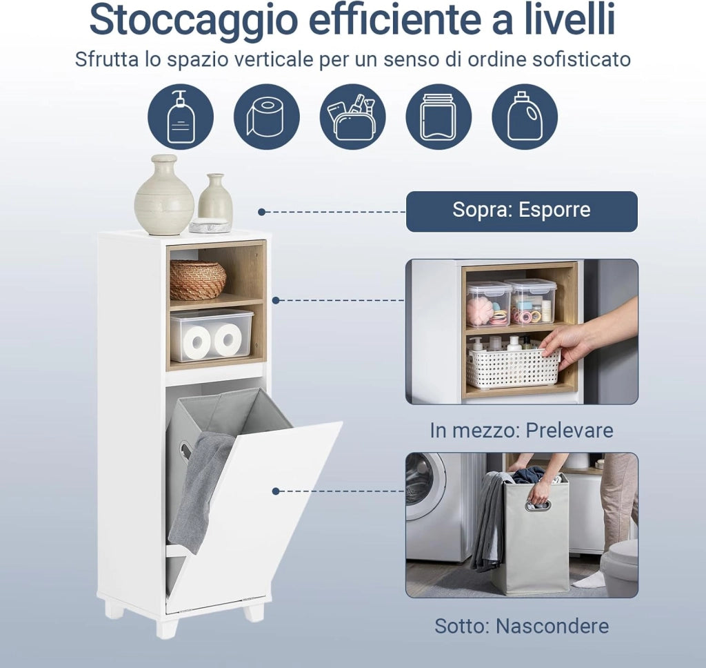 Mobile Bagno Salvaspazio con Cesto Portabiancheria – Mobiletto Cassettiera Bagno, Mobile Lavanderia Bianco, 35 x 30 x 105 cm, BZR146-W