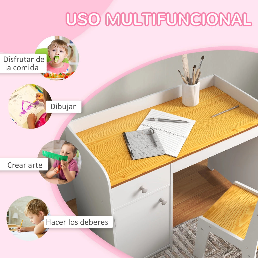 Scrivania Bambini con Sedia e Cassetto ¨C zephmum ¨C Bianco e Naturale 90x50x75 cm