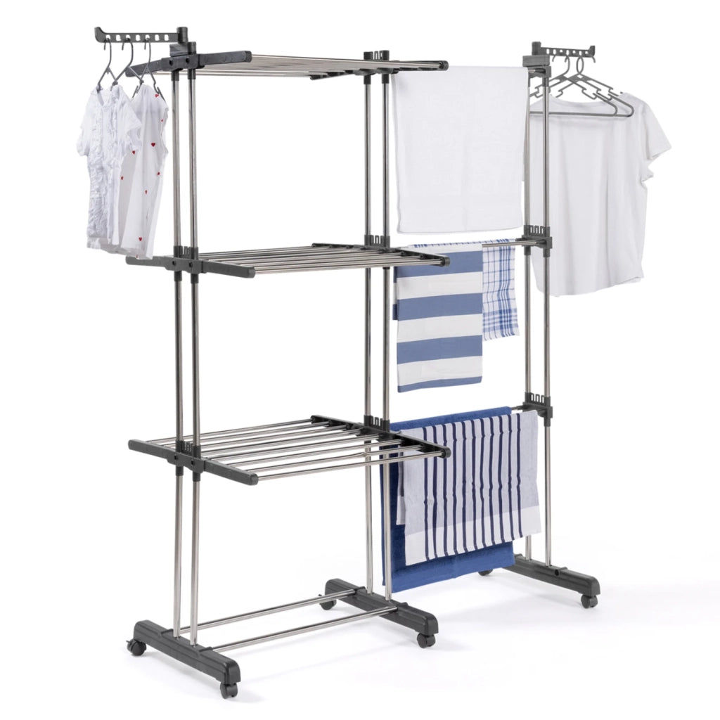IDMarket - Asciugabiancheria verticale a 3 stadi pieghevole ed estensibile GIGA 27M con appendini e mollette in acciaio inox e grigio