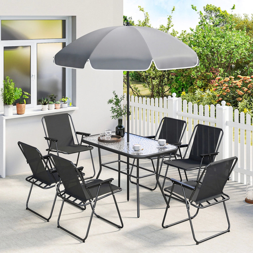 Set 8 Pezzi da Giardino con Ombrellone 6 Sedie Pieghevoli e Tavolo da Esterno in Vetro Temperato Nero