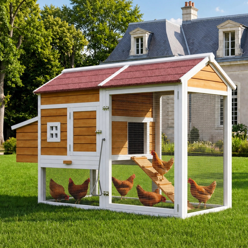 Casetta da giardino in legno massiccio con nido esterno, trespolo e cassetto zincato, natural, 185 × 91 × 115 cm