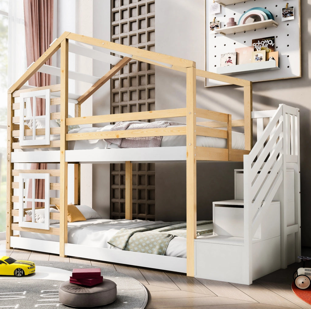 Letto a castello per bambini 90x200 cm con scala contenitore