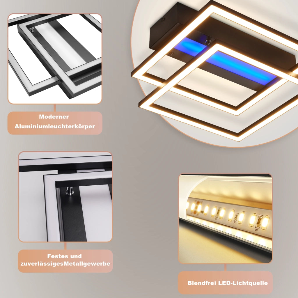 ZMH Lampada da soffitto LED quadrata 36W nera luce RGB regolabile per camera letto soggiorno cucina corridoio cameretta