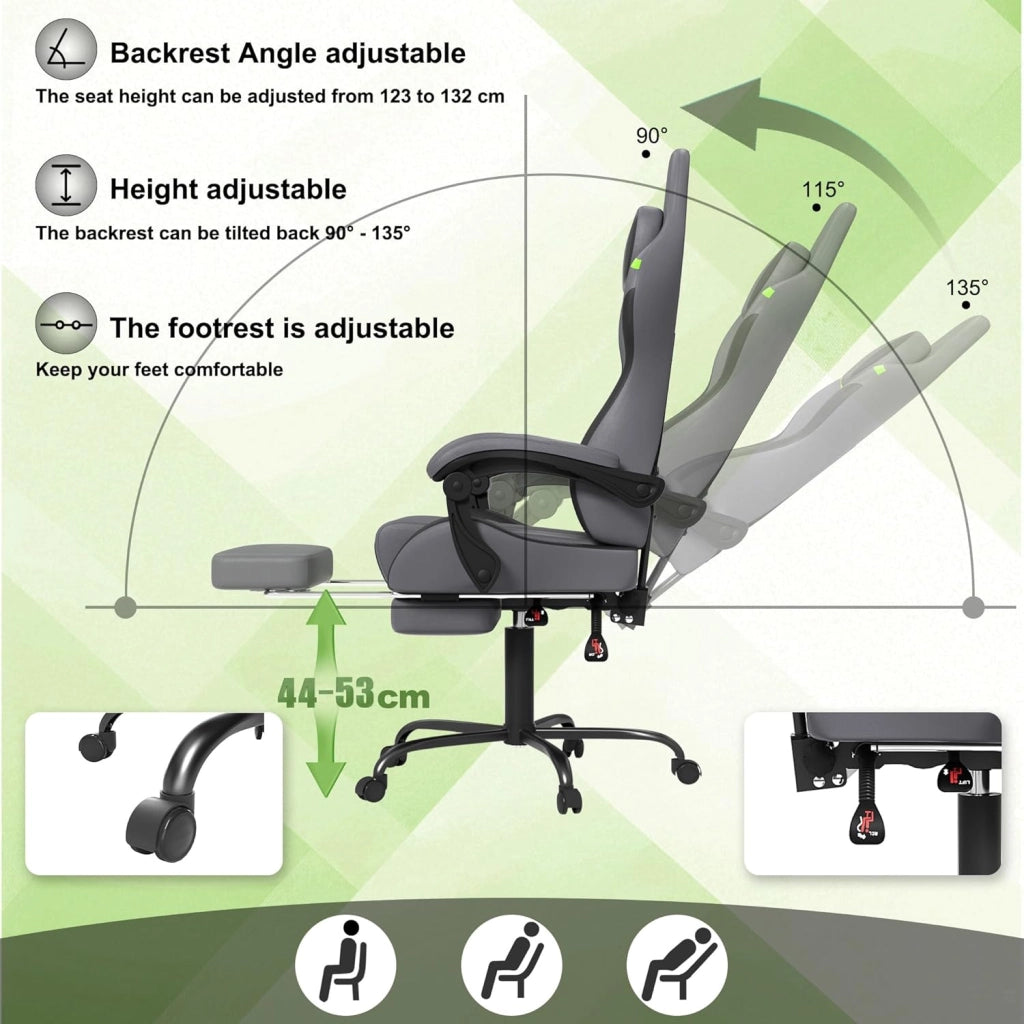 Sedia da gaming, massaggiante, colore grigio, per gaming, con poggiapiedi, poggiatesta e massaggi, ergonomica, regolabile in altezza, per sala giochi, ufficio