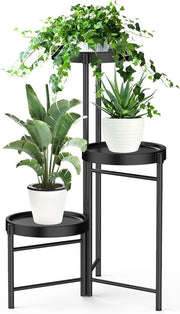 Stand per piante in metallo con 3 livelli, rete per fiori, supporto per piante, più livelli, con piedini, per angolo della stanza, salotto, balcone, terrazza, cortile interno, nero