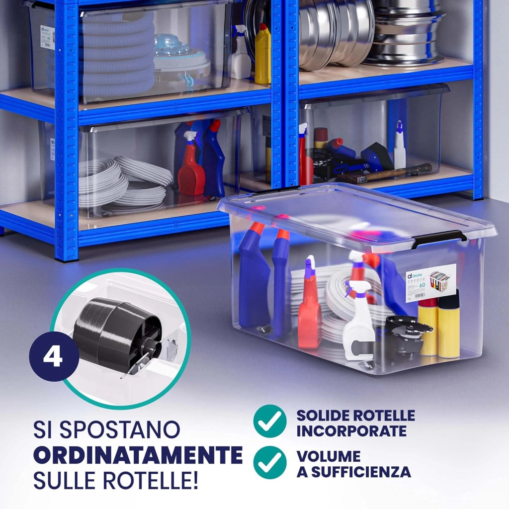 ® 4X 60L Scatole in Plastica Trasparente Senza BPA Contenitori con Coperchio Impilabili Ruote Cassette Salvaspazio