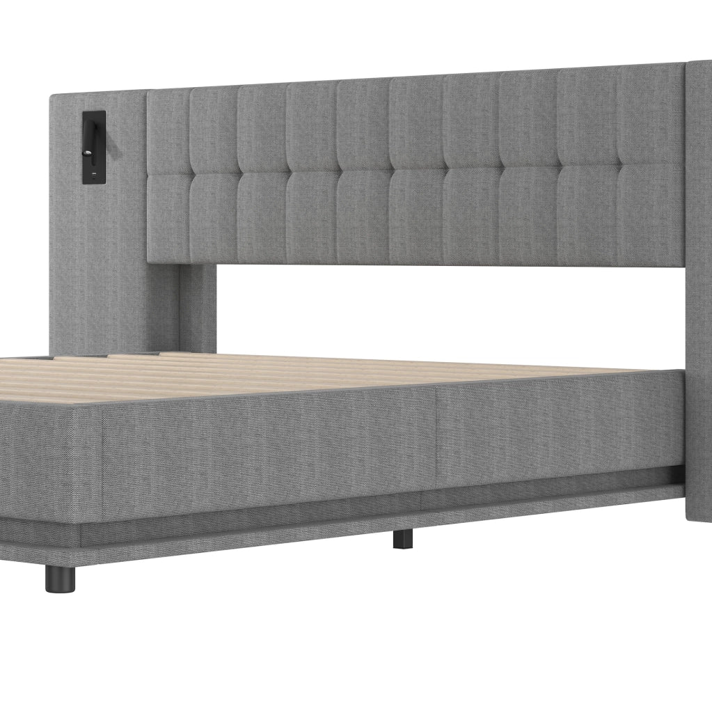 Letto imbottito 180 x 200 cm grigio in lino con LED, spot e USB