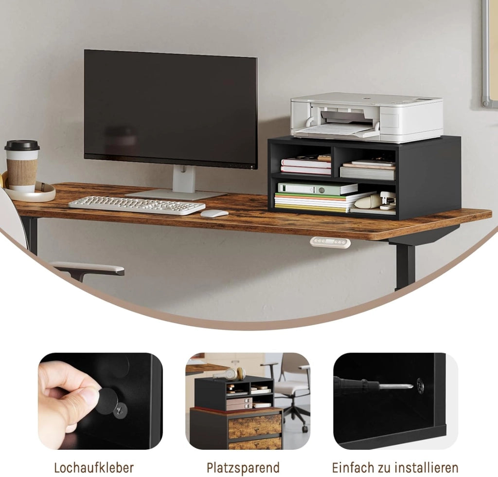 Schedario da Ufficio a 2 Livelli con Custodia, Porta Stampante da Scrivania in Legno con 3 Scomparti per l'Ufficio, 47x40x22,5cm, Nero, ASK15sz