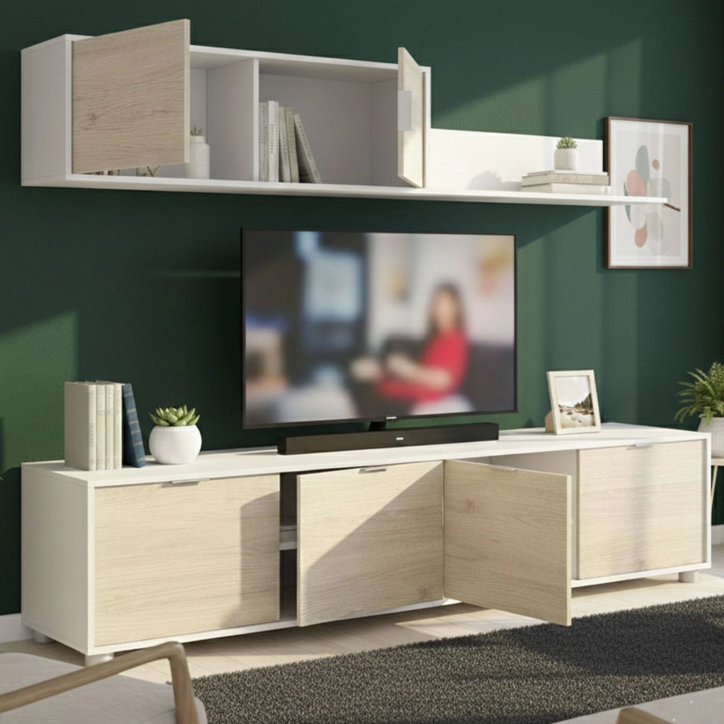 Parete attrezzata Winnie, Composizione soggiorno, Mobile salotto multiuso, Armadio porta TV, 200x40 h43 cm, Bianco e Rovere