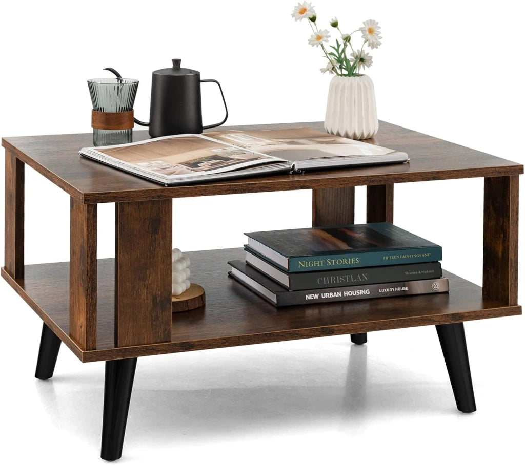 Tavolino da Salotto in Legno, Tavolino Centrale a 2 Livelli con Ripiano di Stoccaggio Aperto, Tavolino da Caffè Industriale e Moderno per Soggiorno e Ufficio, Portata 50 kg, 70 x 50 x 41cm