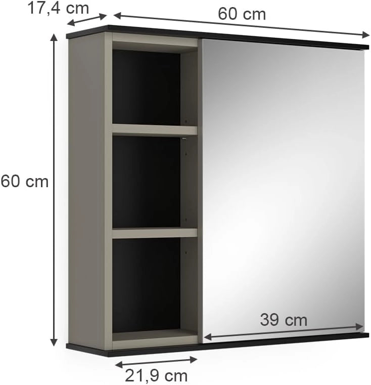 Mobile a specchio per il bagno Joli, Grigio, 60 x 60 cm con specchio, adatto al montaggio a parete per riporre accessori da bagno