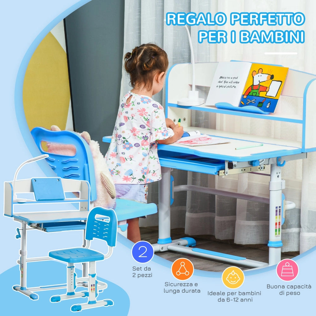 Banco Scuola per Bambini Regolabile con Luce LED Leggio e Portapenne Azzurro