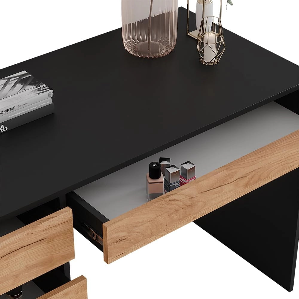 Tavolo da toilette Sherry, Antracite/quercia dorata, 120 x 75 cm Senza specchio, 5 cassetti per diverse esigenze di conservazione