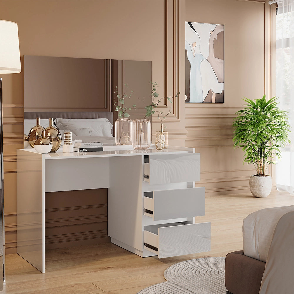 Vicco Tavolo da toilette Bianco lucido 120 cm con 3 cassetti e specchio