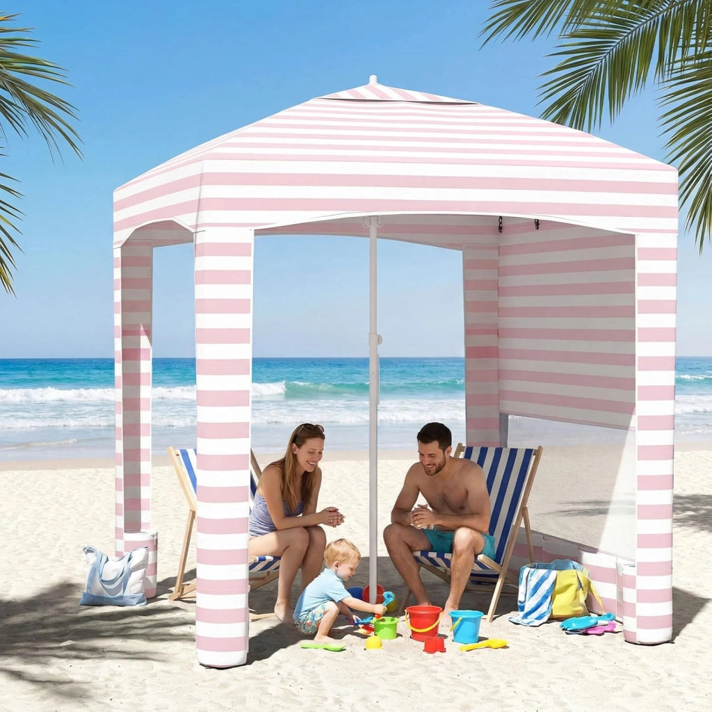 Tenda da Spiaggia Pieghevole, Tenda da Mare con Parete Laterale Rimovibile e Borsa Portatile, Regolabile in Altezza, per Spiaggia, Campeggio e Picnic (Rosa+Bianco, 185 x 185 cm)