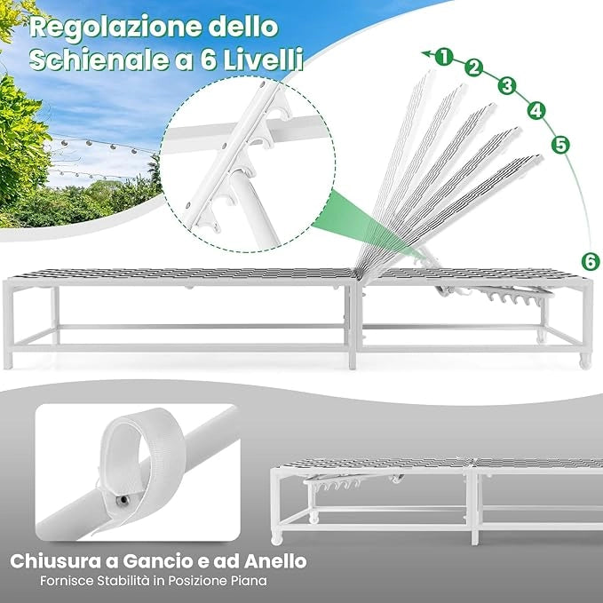 Lettino Giardino con Ruote, Sedia Sdraio Esterno con Schienale Regolabile, con Tessuto Traspirante, Telaio in Metallo, per Giardino Piscina Spiaggia, Portata 180 kg