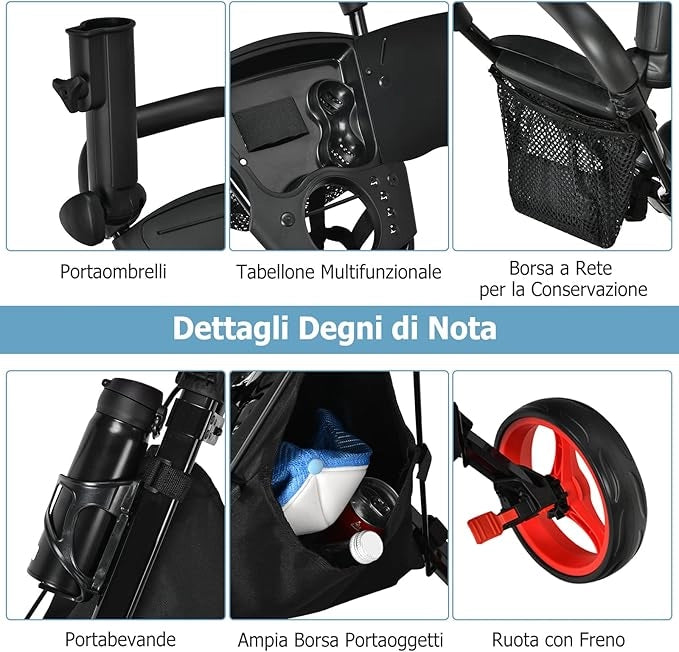 Carrello da Golf Pieghevole con 3 Ruote, Trolley da Golf Altezza Regolabile di Alluminio con Sedile, Porta Ombrello e Porta Bevande(Rosso)