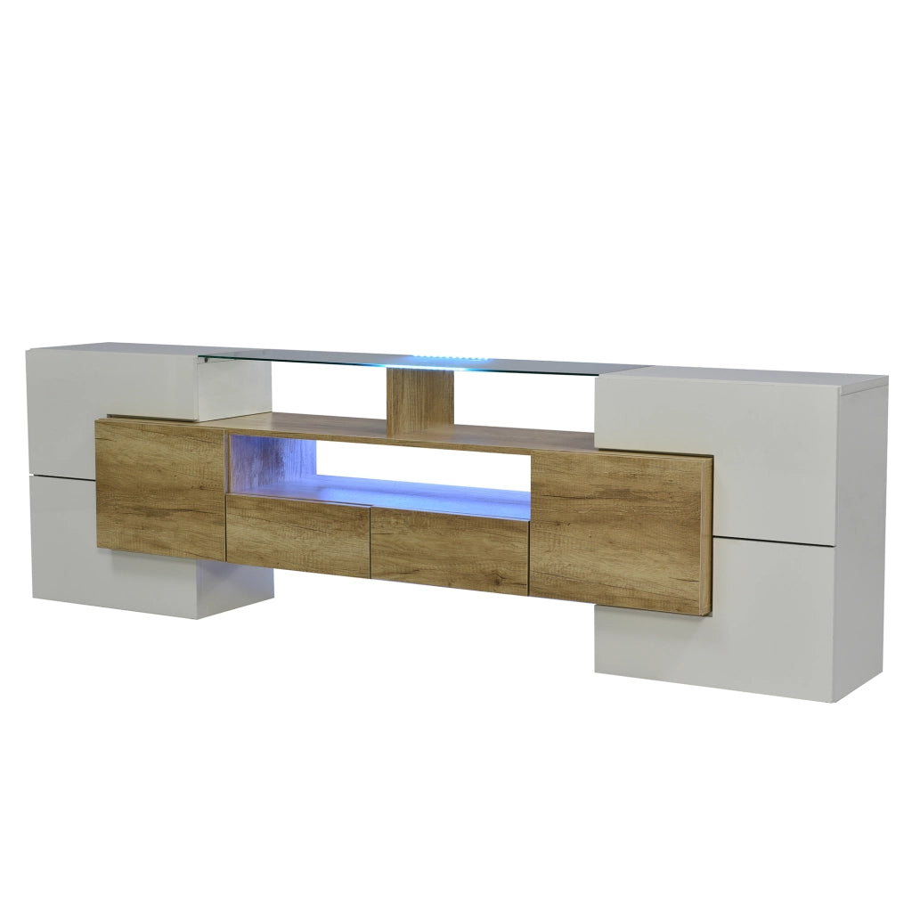 Mobile TV con 6 Ante; 2 Cassetti; 3 Vani e LED Multicolore; Bianco Lucido; 200¡Á35¡Á60 cm; in MDF; Naturale