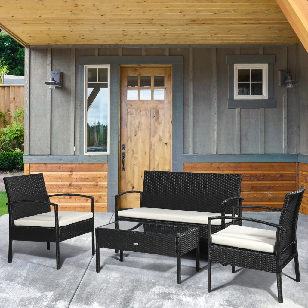 Set da Giardino 4 Pezzi in Rattan PE con Tavolino da Giardino, 2 Poltroncine e Divano 2 posti, Nero e Crema